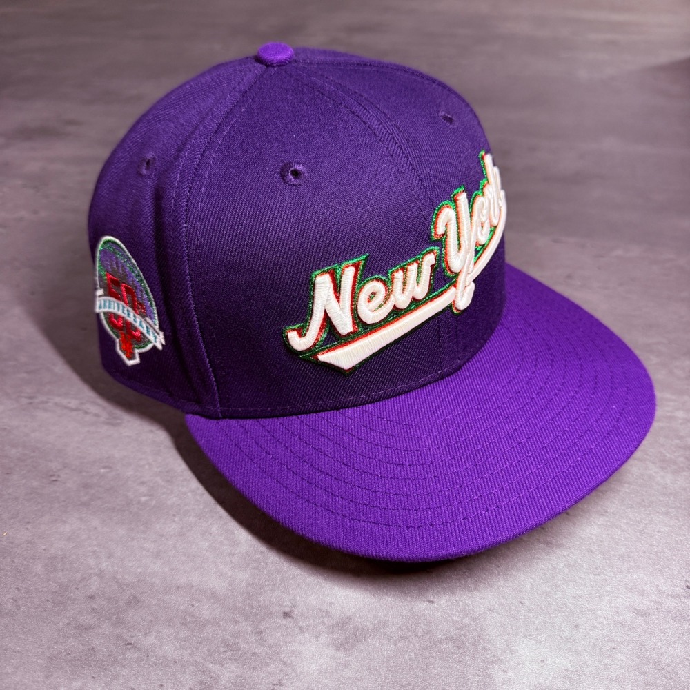 New Era New York Mets Hat Mens 7 1/2 Purple 59Ffity 50th Patch Fitted Green UV